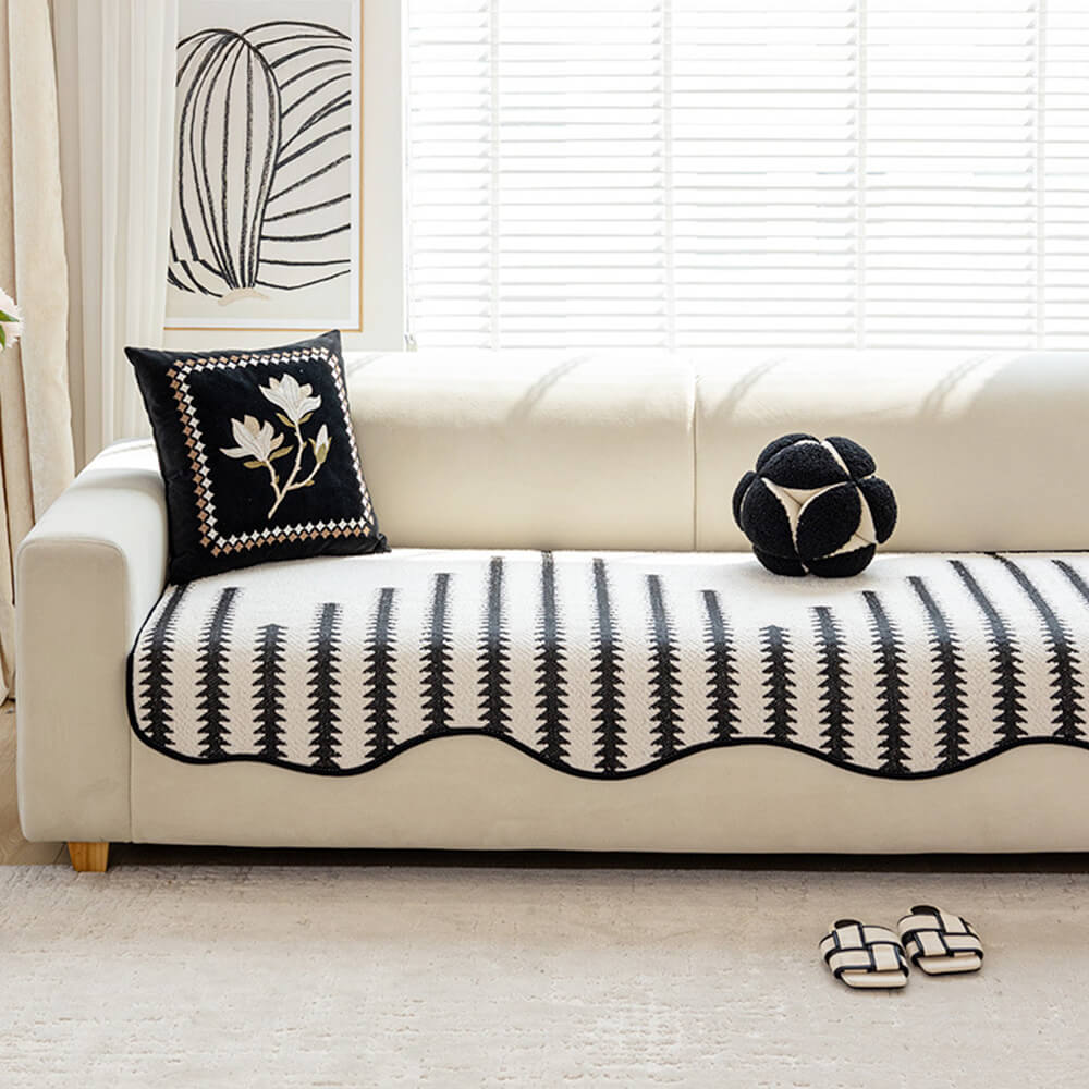 Modern Chevron Stripes Chenille Couch Cover with Wavy Edges