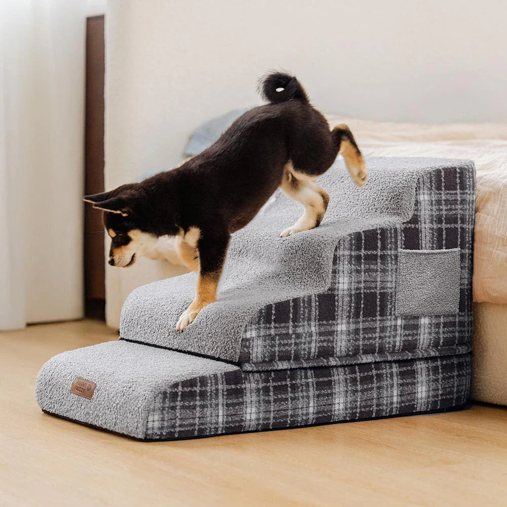 Plush Plaid High-Density Sponge Removable Pet Ramp Stairs - ComfyClimb